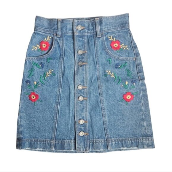 Moussy Button Down Floral Embroidered Denim Skirt Size S - Picture 1 of 9